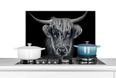 Obrázok produktu pre MuchoWow® Splashback Kuchyňa - Kuchynský backsplash - Ochrana steny pre sporák a drez Škótsky horal - Čierny - Krava - Zvieratá 70x50cm Alu-Dibond
