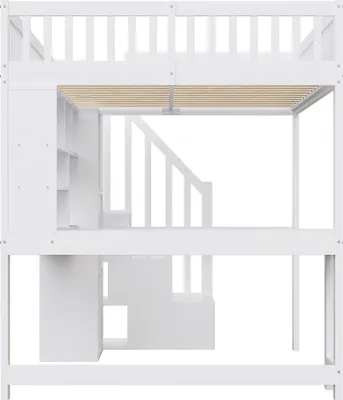 Produktbild von Flieks Etagenbett 140x200cm mit Schreibtisch & Regal, Hochbett mit LED & Schrank, Kinderbett Jugendbett mit Schubladen, Stockbett Doppelbett Weiß