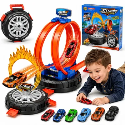 Image de Omgoods - Piste de course flexible avec 6 voitures, pour les enfants à partir de 3 ans