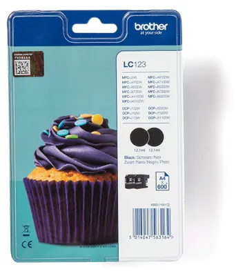 Obrázok produktu pre Brother LC123BKBP2, Čierna, Atrament na pigmentovej báze, 2 kusov, 600 strany, Balenie po dvoch kusoch