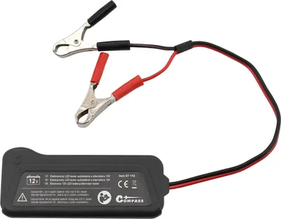 A 12V battery and alternator tester with alligator clips.