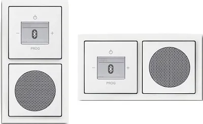 Produktbild von Busch Jäger Unterputz UP Bluetooth Radio (8217U) Future Linear studioweiß Komplett-Set/Lautsprecher + Radioeinheit 8217 U + Abdeckungen in 2 fach Rahmen integriert