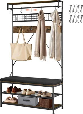 Zdjęcie produktu dla SucceBuy Szafka przedpokojowa 1015 x 400 x 1830 mm, wieszak z ławką na buty i dwustopniową półką na buty, wolnostojąca szafka z metalową kratką i drążkiem na ubrania, idealna do przedpokoju i sypialni