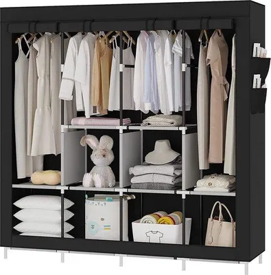 Produktbild von Famanu Tragbarer Kleiderschrank - Großer Kleiderschrank mit 6 Ablageflächen, 4 Hängesektionen, 4 Seitentaschen, Schwarz