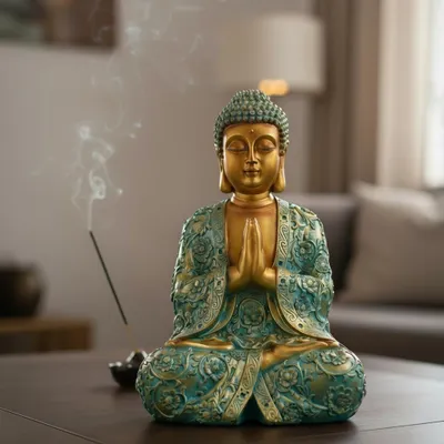 Produktbild von XXL Erhabene Buddha Figur NYORAI in Mintgrün & Gold – Harmonisches Dekorelement, 41,5 cm Höhe