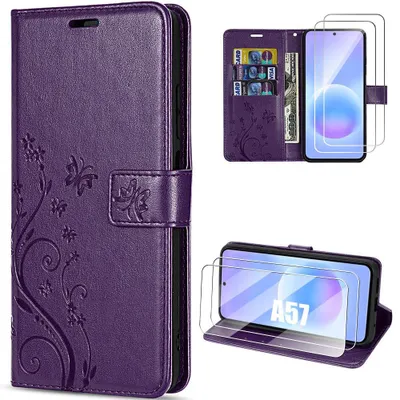 Image de Coque + 2 Verres Trempés pour Samsung Galaxy A57 5G, CuirPolyuréthaneViolet Foncé Motif Papillon Fleurs