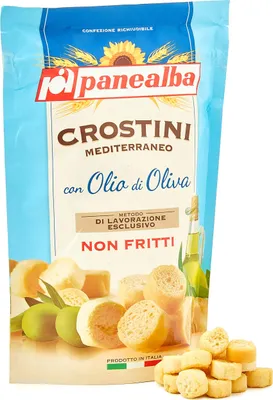 Produktbild von Panealba Crostini Non Fritti Gusto Mediterraneo 100g Beutel (nicht fritierte Croutons mit Olivenöl & Salz)