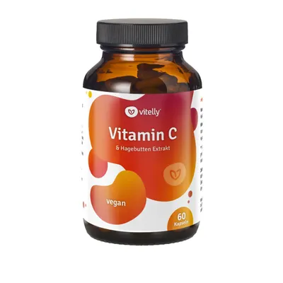 Produktbild von Vitamin C – hochdosiert & vegan – 60 Kapseln – 400 mg Vitamin C mit Hagebutten Extrakt – Immunsystem, Energie & Kollagenbildung