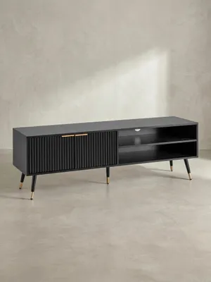 Produktbild von Lowboard Schwarz mit Eiche-Nachbildung 150x51x39 cm TV-Kommode Modern, Design TV-Schrank Hoch, Fernsehtisch Fernsehschrank mit Türen & Ablagefächern, Fernsehkommode Wohnzimmer