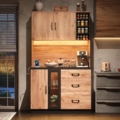 Productafbeelding van Hoge kast, 105x40x180 cm, zwart met houtlook, LED-verlichting, verstelbare planken, EU-stopcontact.