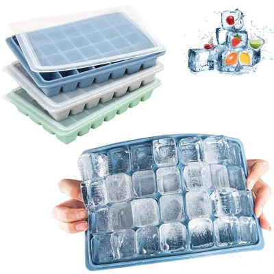 Productafbeelding van Siliconen ijsblokjesvorm, 3 stuks met deksel, 28 vakjes, meerkleurig, afmetingen 22,35 x 15 x 2,6 cm, BPA-vrij