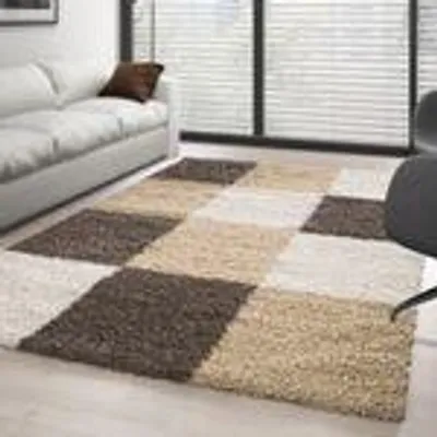 Produktbild von Teppich Wohnzimmer Hochflor Kariert Design Langflor Shaggy Modern Flauschig, Größe: 80 x 150 cm, Farbe: Mokka