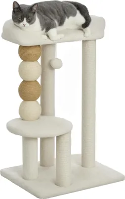 Obrázek produktu pro Škrabadlo/strom pro kočky - 4 úrovně - 48,5 × 40 × 76 cm - Plyš z jehněčí vlny, dřevotříska - Plošiny a hrací míč - Béžová barva