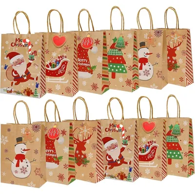 Productafbeelding van Kerstcadeauzakken, 12 stuks, met handvat, van kraftpapier, afmetingen 150x80x210 mm