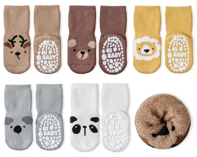 Immagine prodotto di Calzini antiscivolo per bambini e neonati, 5 paia, in ABS, traspiranti, con motivi di animali, in cotone, adatti per bambini da 1 a 3 anni