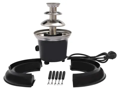 Zdjęcie produktu dla Fontanna czekoladowa - 3-poziomowa fontanna do fondue - stal nierdzewna - talerz na owoce - pojemność ok. 450 g czekolady - srebrna
