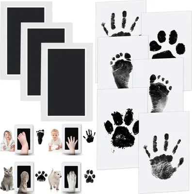 A collage of images showing ink pads for making hand and paw prints, along with examples of prints from babies, cats, and dogs.