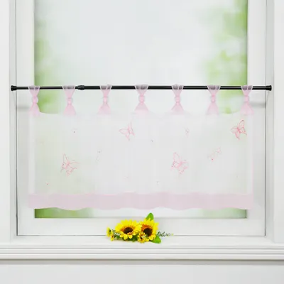 Produktbild von Joyswahl Scheibengardinen Bistrogardine mit Schlaufen modern Küche Kurzgardinen mit Schmetterling-Stickerei Transparent Weiß Pink HxB 45x90 cm