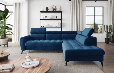 Produktbild von Easy4You Ecksofa BJORN Velvet L-Form Marineblau – 260x101x215 cm - Schlafsofa mit Bettkasten und Schlaffunktion - Eckcouch mit Stauraum - Verstellbare Kopfstützen – Rechts – Stoff Monolith 77