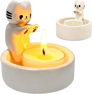 Productafbeelding van Schattige Kat Kaarsenhouder - Cartoon Kitten Theelicht Kandelaar Met Verwarmende Poten - Woondecoratie Geschenken Voor Kattenliefhebbers
