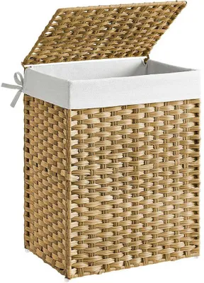 Immagine prodotto di Cesto portabiancheria in rattan intrecciato a mano da 90 litri, pieghevole e con rivestimento interno rimovibile