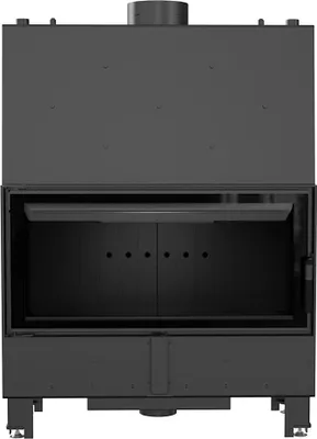 A front view of a black fireplace insert with the doors open.