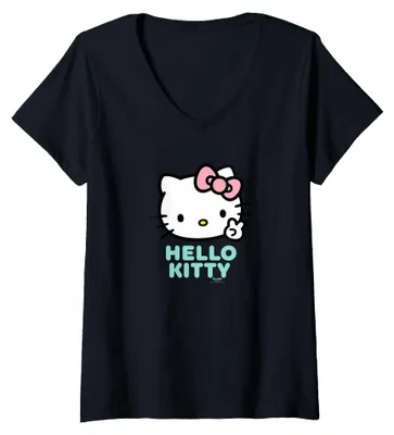 Produktbild von Damen Hello Kitty Character Peace Design T-Shirt mit V-Ausschnitt