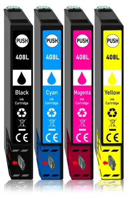 Four printer ink cartridges lined up against a white background.