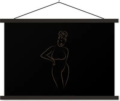 Produktbild von MuchoWow® Textilposter Frau - Schwarz - Gold - Strichzeichnung 60x40 cm mit schwarzem Rahmen - Hölzernes