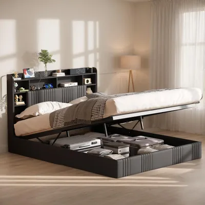 Zdjęcie produktu dla Łóżko tapicerowane INONEFT, 160x200 cm, z hydraulicznym podnoszeniem, oświetleniem LED i portami USB, podwójne łóżko z elastycznym stelażem i pojemnikiem w zagłówku, kolor: szary len, bez materaca