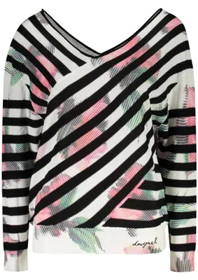 Produktbild von Schwarzer Damenpullover mit Muster – Langarmshirt mit V-Ausschnitt