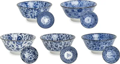 Produktbild von 70 Reis- Matcha - Tee- Schalen Ø 15 cm 5 er Set JAPAN Porzellan blau weiss