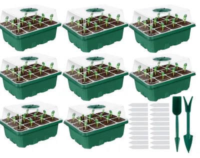 Produktbild von Anzuchtschale Mini-Gewächshaus Anzuchtkasten Set - 8 Stück - 96 Zellen - Mit Haube - Set