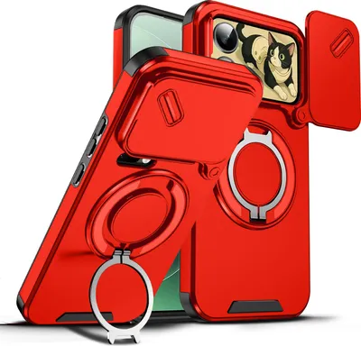 Obrázek produktu pro Dvouvrstvé pouzdro pro Xiaomi 17 Pro Max, posuvným krytem fotoaparátu a magnetickým kroužkovým stojánkem Červený