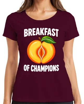 Immagine prodotto di Maglietta da donna, taglia L, colore bordeaux, con scritta "Breakfast Of Champions" e un'immagine ambigua, divertente, adatta a un pubblico adulto