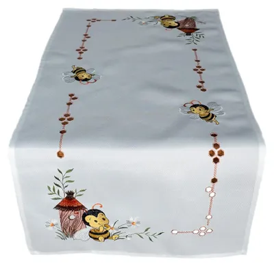 Tischdecke 40x90 cm mit Bienen-Stickerei, Polyester, ecru