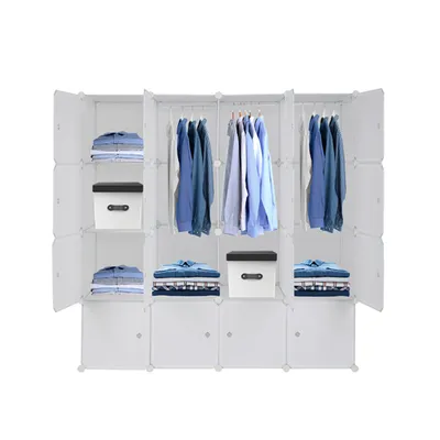 Produktbild von 4 Ebenen Portable Kleiderschrank Schuhschrank mit 3 Kleiderstangen Free to Assemble Organizer Weiß