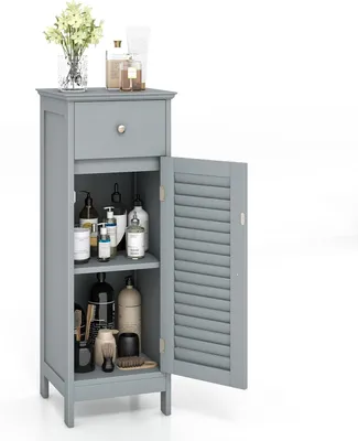 Produktbild von GOPLUS Badzimmerschrank mit Schublade, Badschrank schmal mit Lamellentür & verstellbarem Regal, Aufbewahrungsschrank für Badzimmer & Wohnzimmer(Grau)