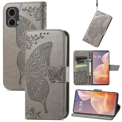 Produktbild von Für Motorola Moto G85 Kunstleder Wallet Handy Tasche Schmetterling Design Hülle Etuis Grau