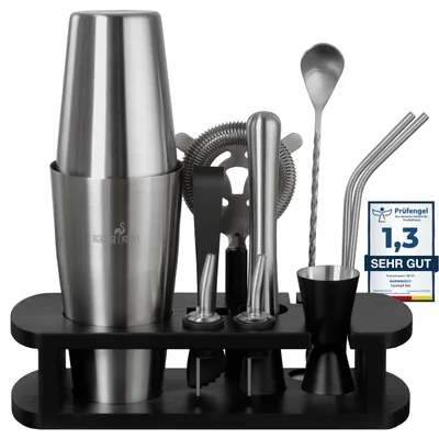 Produktbild von BARMINGO® Edelstahl Boston Cocktail Set 11tlg. – 825ml Cocktail Shaker mit Ständer & Bar Zubehör, Cocktailshaker Set, Barkeeper Set, Schwarz-Silber