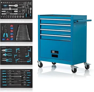 Produktbild von WERKZEUGWAGEN GEFÜLLT MIT Werkzeug – Werkstattwagen mit 70-teiligem Werkzeug Set, 4 Schubladen & großem Fach – Kugelgelagerte Schubladen, Transportsicherung, Rollen und Feststellbremse – Blau