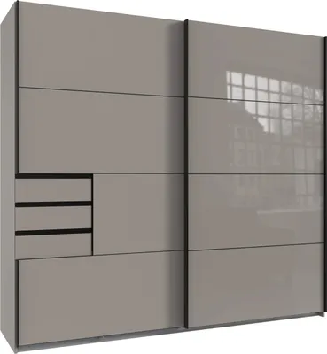 Produktbild von Schwebetürenschrank SAIGON Saharagrau, 2-türig (1x Glas), 3 Schubkästen, 3 Fachböden, Kleiderstange