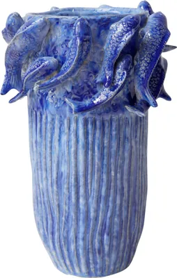 Produktbild von FURNARO Vasentopf Vase Pflanztopf fishery blau Keramik mit Fischmotiv 33,5 cm