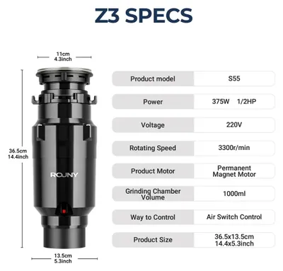 Imagen del producto de Triturador de residuos alimentarios, funcionamiento silencioso, construcción duradera en acero inoxidable, modelo Z3, enchufable 220V-240V, con enchufe europeo