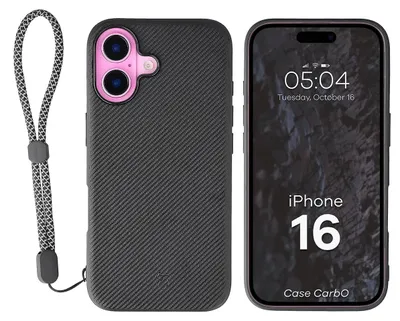 Produktbild von Hülle mit Handgelenkband für iPhone 16, Bizon Case CarbO, Schwarz