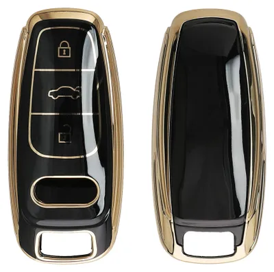 Obrázok produktu pre kwmobile kryt kľúča od auta kompatibilný s Audi A6 A7 A8 Q7 Q8 E-Tron 3-tlačidlový bezkľúčový kľúč od auta - silikónový kryt kľúča - čierny zlatý