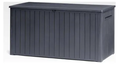 Produktbild von Gartenbox 643L – Wetterfeste Auflagenbox mit Gasdruckfeder, abschließbar, Kunststoff in Holzoptik, grau, 146x74x70 cm