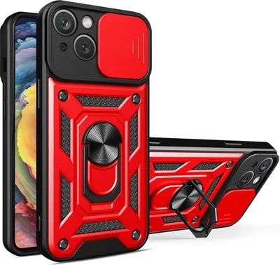 A red and black phone case with a ring stand and camera lens cover is displayed on a white background.
