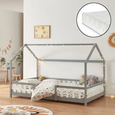 Obrázek produktu pro Dětská postel "Sisimiut" v domácím vzhledu s matrací a ochranou proti vypadnutí borovicového dřeva 120 x 200 cm světle šedá / bílá