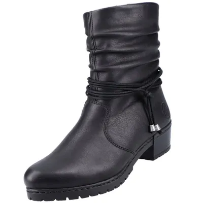 A black leather boot with a ruched shaft and a decorative cord tie.